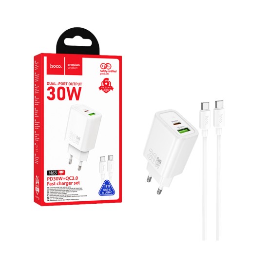 Hoco Adapter N63 2 Ports USB+Type-C PD30W with Type-C to Type-C Cable 1m White Hoco Adapter N63 2 Ports USB+Type-C PD30W with Type-C to Type-C Cable 1m White